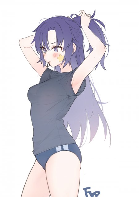 紫发少女扎马尾双臂举头侧身微笑粉紫动漫手机壁纸