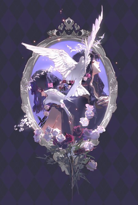 紫菱格背景镜中双少女白鸽玫瑰梦幻紫调动漫手机壁纸