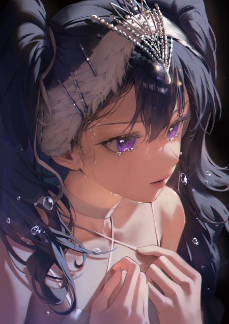 紫眸黑发少女泪光闪烁银饰华美动漫手机壁纸