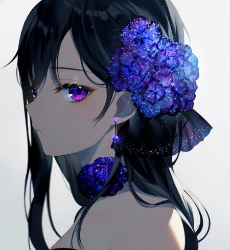 紫眸黑发少女星云绣球花装饰蓝紫梦幻动漫手机壁纸
