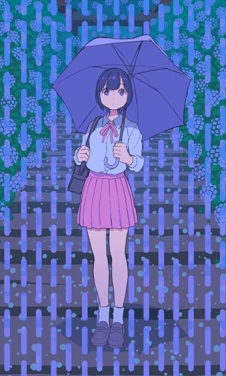 紫伞少女雨中台阶蓝绿背景动漫手机壁纸