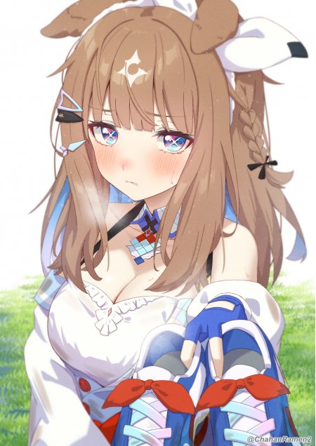 棕发兽耳少女蓝色服装羞涩动漫手机壁纸