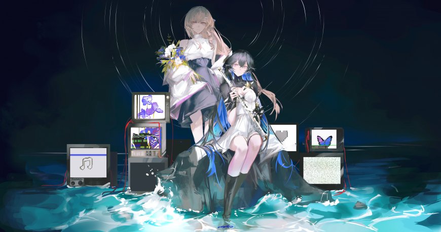 hololive EN 虚拟主播双少女持花持剑蓝白水波动漫电脑壁纸