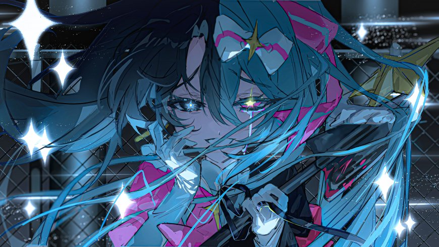 初音未来蓝发粉饰泪光闪烁星空背景动漫电脑壁纸
