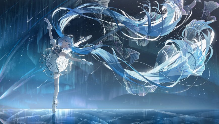 初音未来蓝发飘逸星辉舞台蓝白动漫电脑壁纸