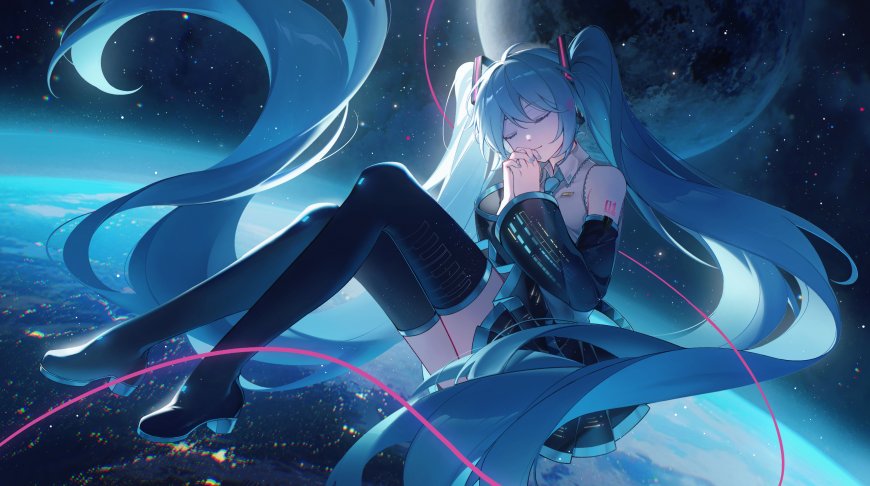 初音未来蓝发双马尾闭眼祈祷星空地球背景蓝紫动漫电脑壁纸