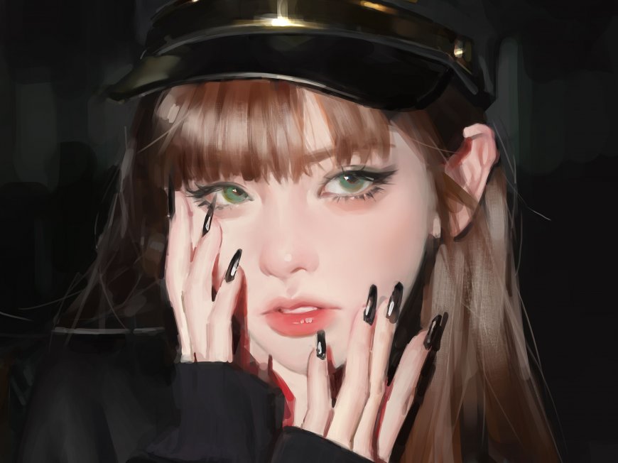 戴军帽绿眼少女黑甲长指甲暗调动漫电脑壁纸