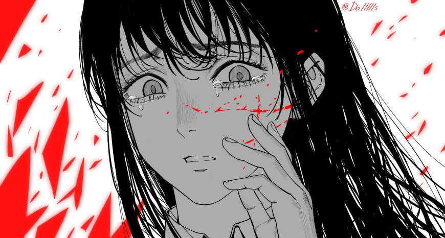 电锯人三鹰朝黑发少女泪眼带血红白对比暗黑风格动漫电脑壁纸
