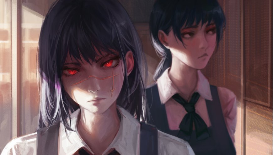电锯人夜（战争恶魔） 三鹰朝黑发红瞳少女校服侧脸暖金动漫电脑壁纸