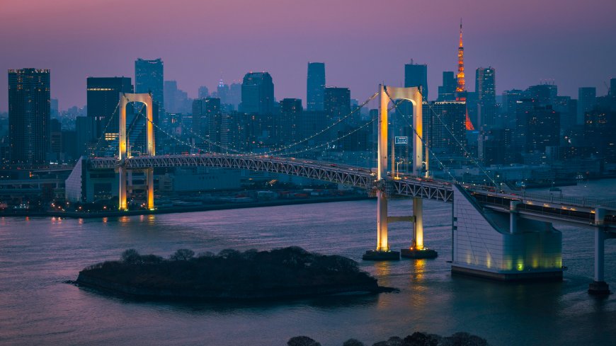 东京彩虹桥夜景灯光璀璨紫蓝城市建筑电脑壁纸