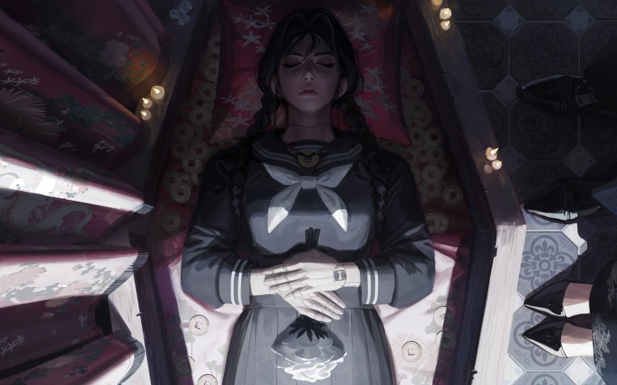 动漫角色黑发少女闭目躺棺暗红华丽日式风格动漫电脑壁纸