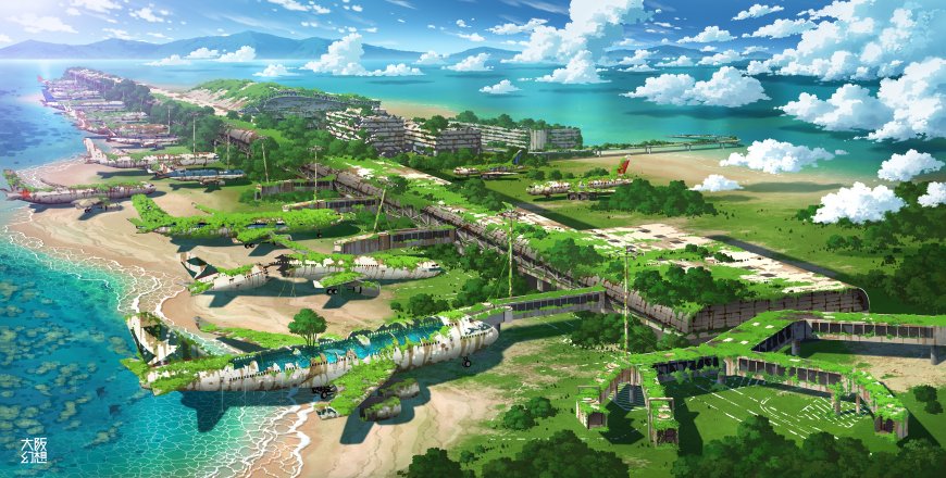 废弃机场绿植覆盖海岸线蓝天白云动漫电脑壁纸