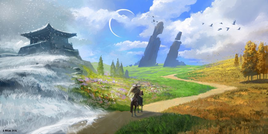 古风山水瀑布亭台飞鸟行人奇幻风景电脑壁纸