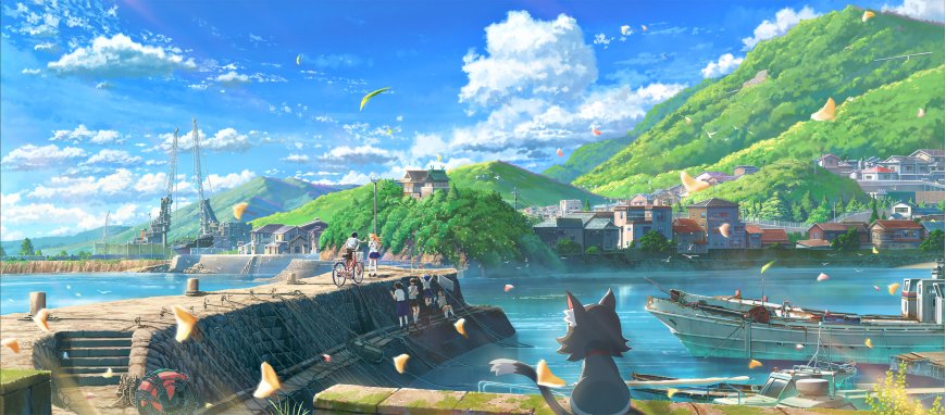 海边小镇港口绿山蓝空动漫少女与黑猫风景电脑壁纸
