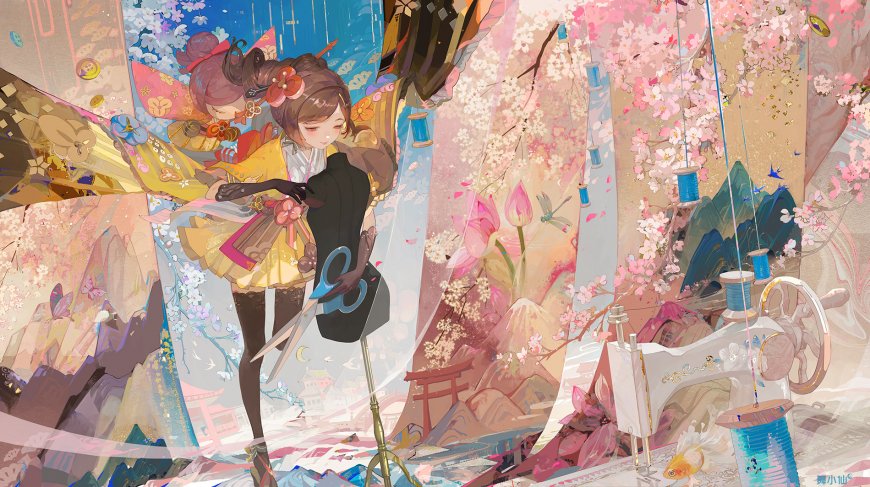 和风少女持剪裁衣樱花纷飞粉紫唯美动漫电脑壁纸