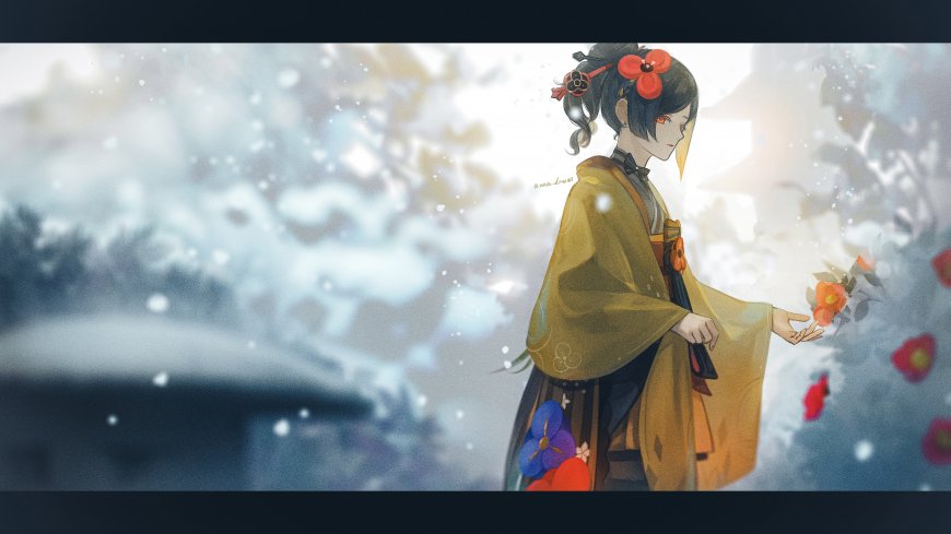 和风少女黄袍红花雪中持花蓝白唯美动漫电脑壁纸