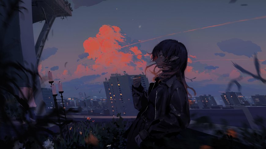 黑发少女仰望晚霞紫橙动漫电脑壁纸