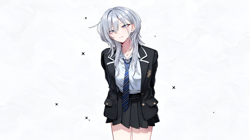 灰宫澪银银发蓝瞳校服少女低头忧郁白背景动漫电脑壁纸