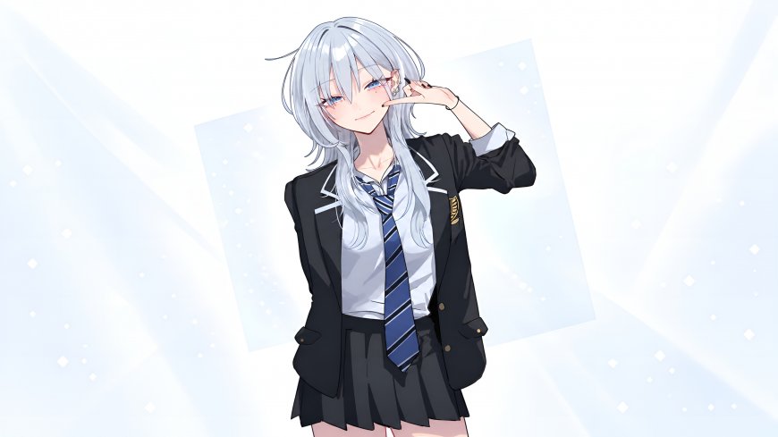 灰宫澪银银发蓝瞳校服少女微笑比心白蓝动漫电脑壁纸