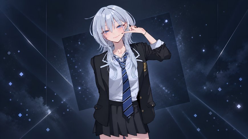 灰宫澪银银发蓝瞳校服少女微笑比耶深蓝星辉动漫电脑壁纸