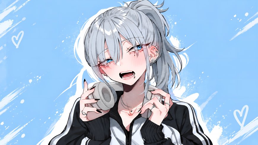 灰宫澪银银发蓝眼少女手持耳机微笑粉蓝动漫电脑壁纸
