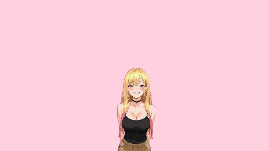 金发少女黑吊带微笑粉紫动漫电脑壁纸