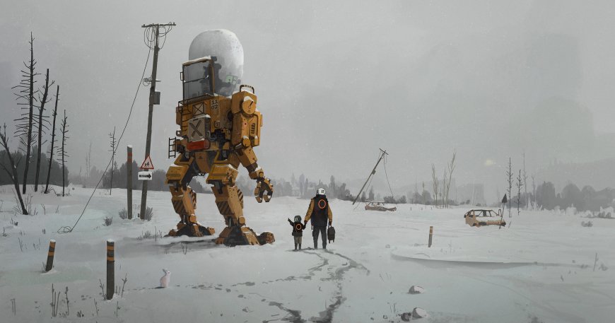 巨型黄色机甲与成人孩童雪地同行灰白科幻创意电脑壁纸