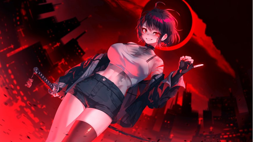 绝区零风·红月持刀少女红瞳持刀暗红霓虹城市背景动漫电脑壁纸