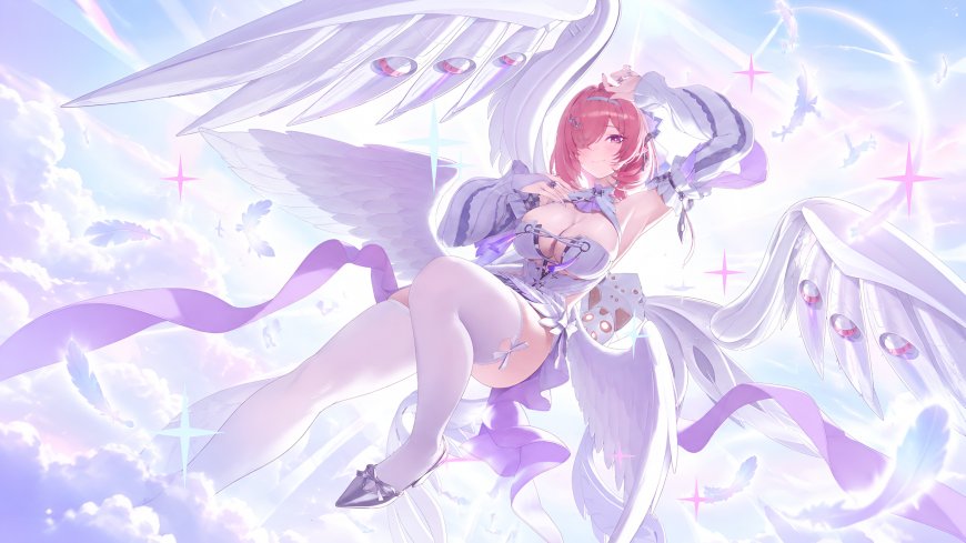 绝区零蕾米艾尔·丹天使少女展翼云端紫白梦幻动漫电脑壁纸