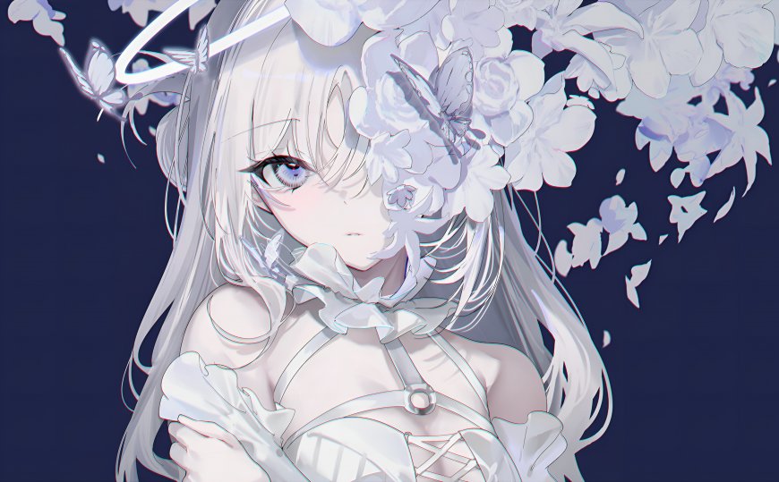 空灵银发蓝瞳少女白花蝴蝶环绕纯白唯美动漫电脑壁纸