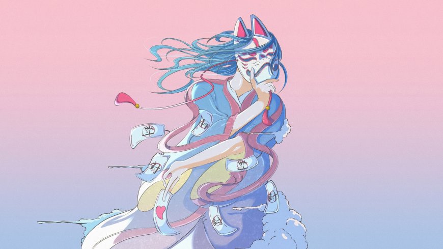 蓝发狐耳少女持面具飘带飞舞粉紫渐变动漫电脑壁纸