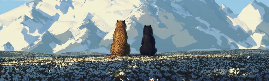 老虎与黑熊并坐雪原远眺雪山蓝白插画风景电脑壁纸