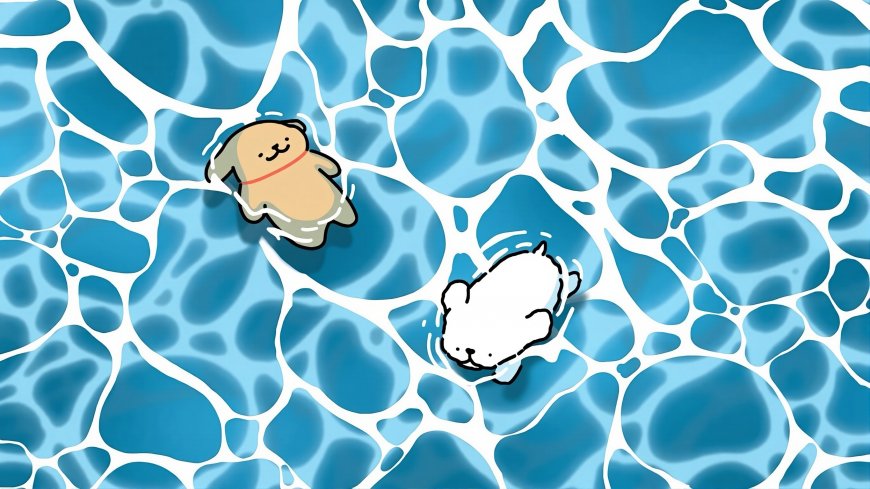 两只可爱小动物泳池漂浮蓝白清新动漫电脑壁纸