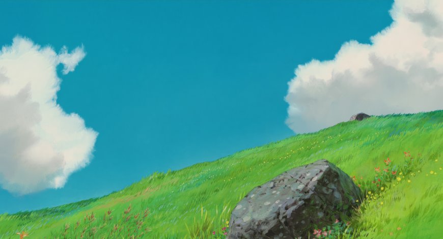 绿野山坡巨石点缀野花蓝天白云清新风景插画电脑壁纸