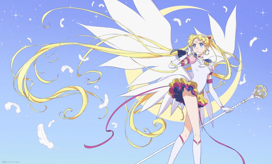 美少女战士月野兔金发白翼持杖蓝紫星空动漫电脑壁纸