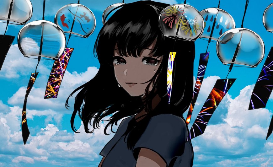 明日方舟隐德来希黑发少女泪眼凝望蓝天风铃烟花动漫电脑壁纸