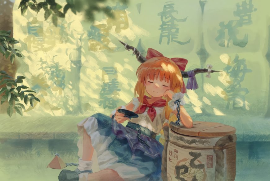伊吹萃香东方Project梦橙发红蝴蝶结坐姿持符咒绿意朦胧动漫电脑壁纸