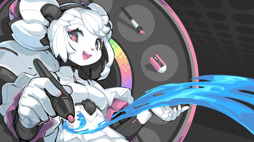 Q版白发小女孩持画笔颜料盘卡通动漫电脑壁纸