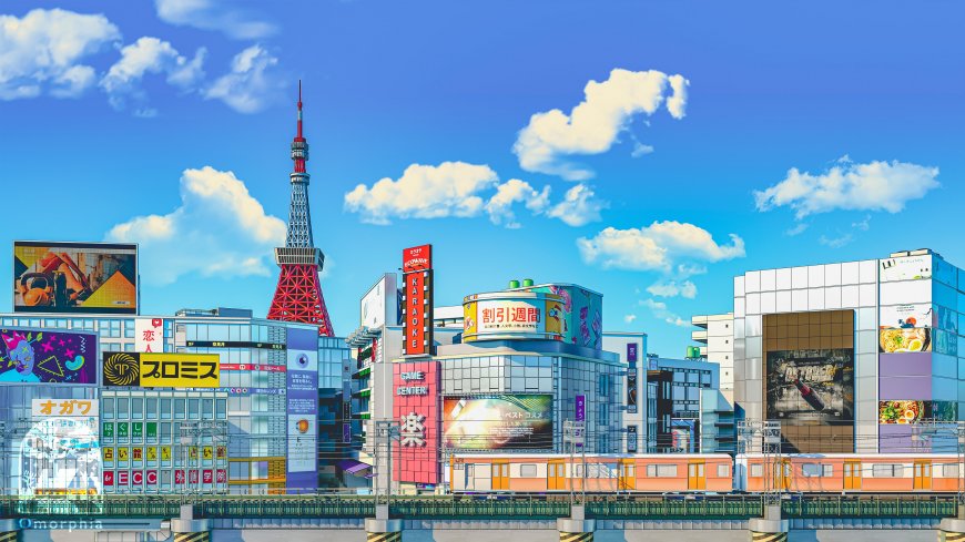 东京塔霓虹街景蓝白清新城市建筑日系插画动漫电脑壁纸