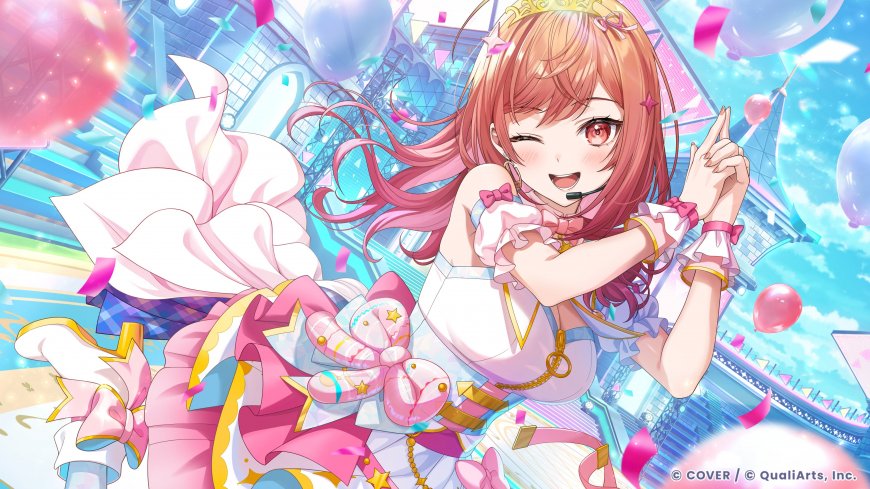一条莉莉华BanG Dream! × hololive 联动粉发甜笑白粉礼服节日气球背景动漫电脑壁纸