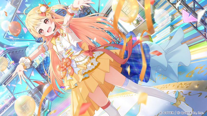 音乃瀬奏BanG Dream! × hololive 联动金发少女张开双臂欢庆蓝金炫彩动漫电脑壁纸