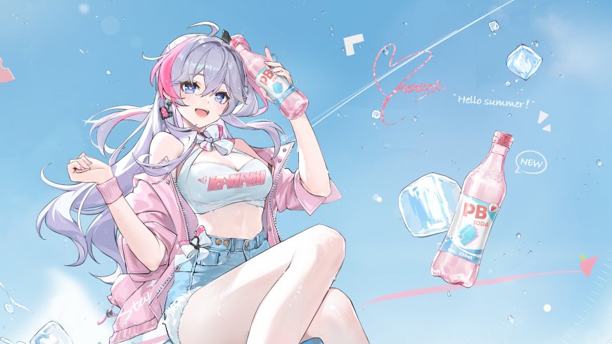 游戏卡拉彼丘香奈美粉发少女手持PB苏打水蓝白清新夏日风格动漫电脑壁纸