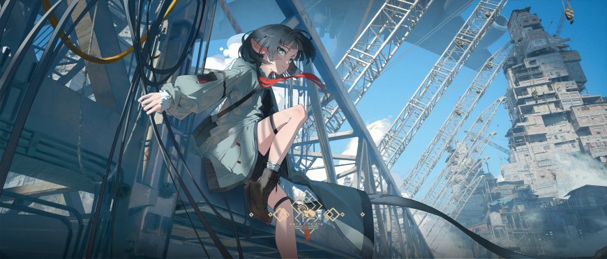 虚空之遗黑发少女坐于钢铁结构间蓝灰科幻动漫电脑壁纸