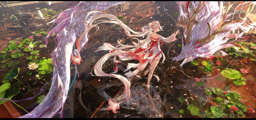 崩坏：星穹铁道镜流白发红裙与双龙共舞粉紫梦幻动漫电脑壁纸