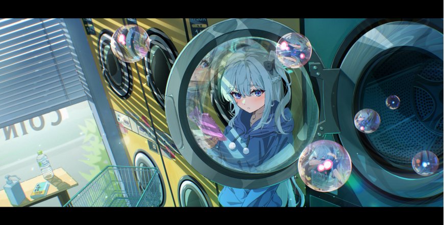 银发蓝瞳少女洗衣房泡泡环绕蓝绿动漫电脑壁纸