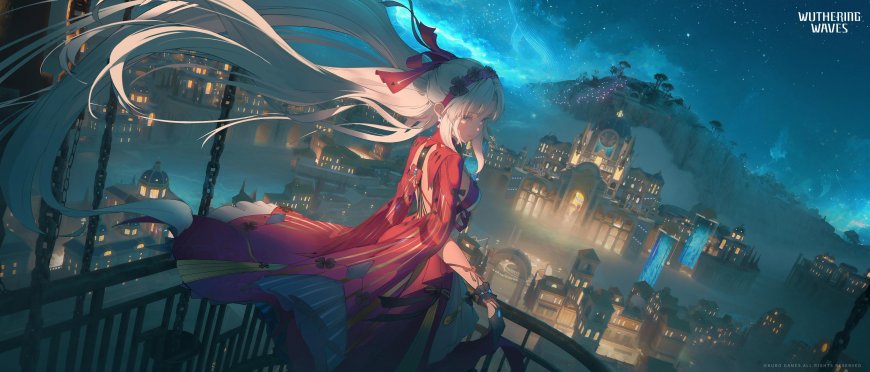 鸣潮白发少女红裙倚栏夜景蓝紫动漫电脑壁纸