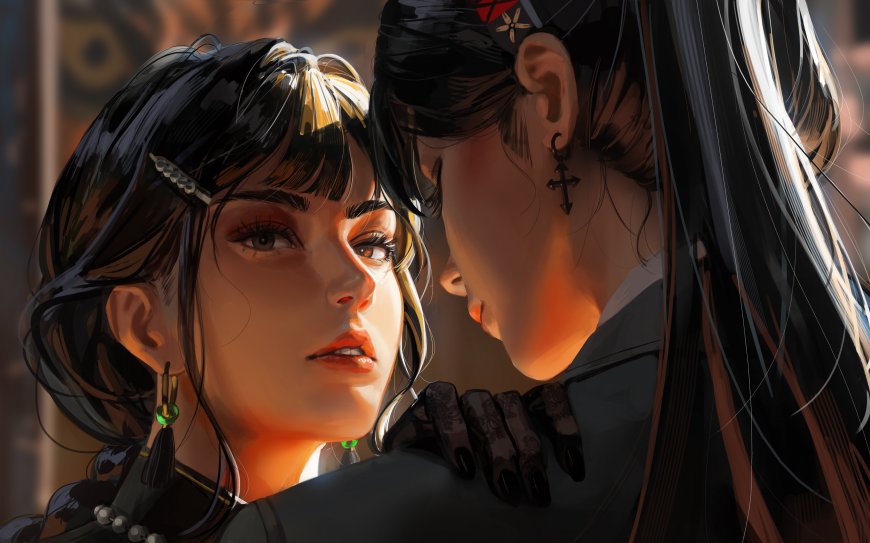 双少女黑发精致妆容暖橙光影动漫电脑壁纸