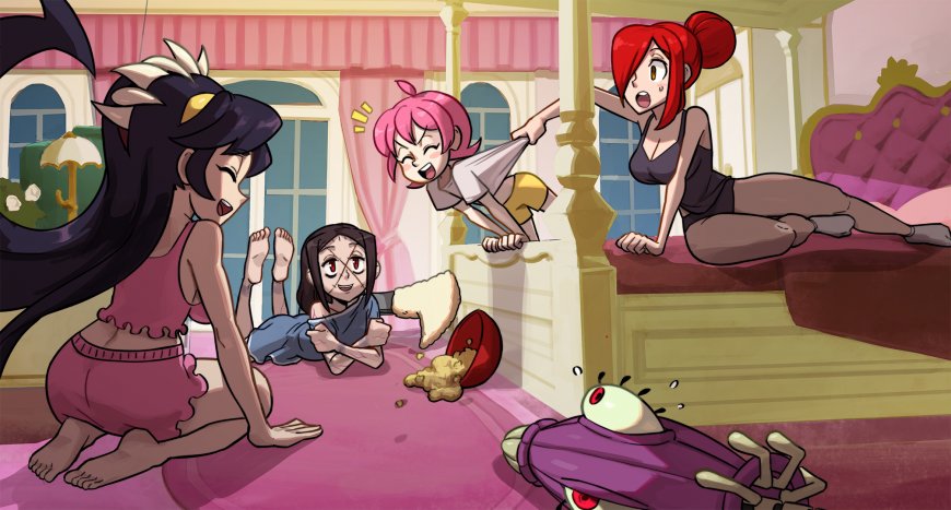 魔法少女小圆风格四位少女室内嬉戏粉紫动漫电脑壁纸