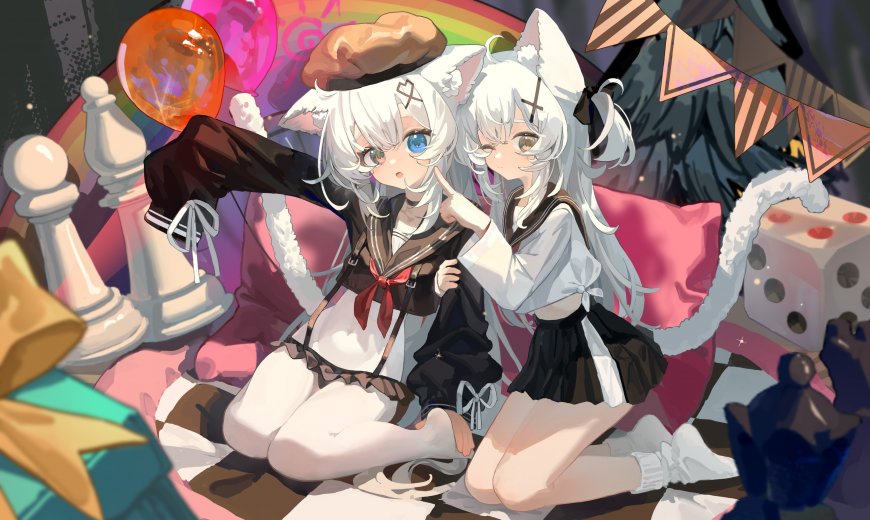 双马尾白发猫耳少女互动粉紫梦幻动漫电脑壁纸