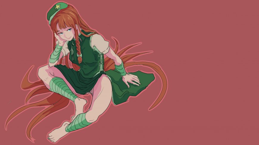 红发绿裙少女戴星徽军帽侧坐微笑粉红背景动漫电脑壁纸